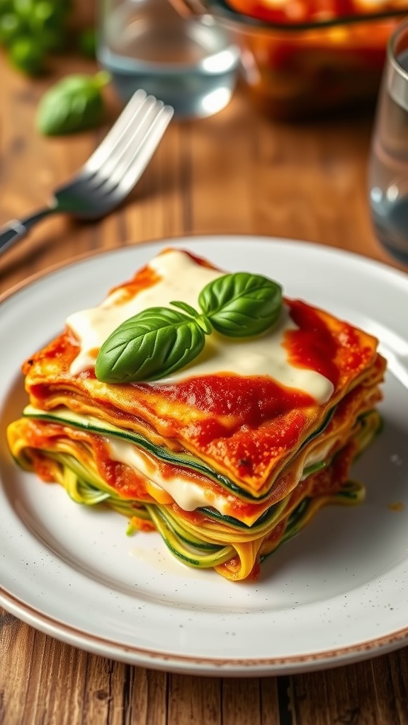 Slice of vibrant vegan zucchini lasagna on a plate with fresh basil, surrounded by a rustic table setting.